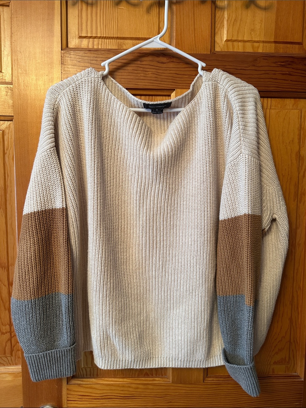 French Connection Cream Colorblock Crewneck Sweater with Tan and Gray Sleeves